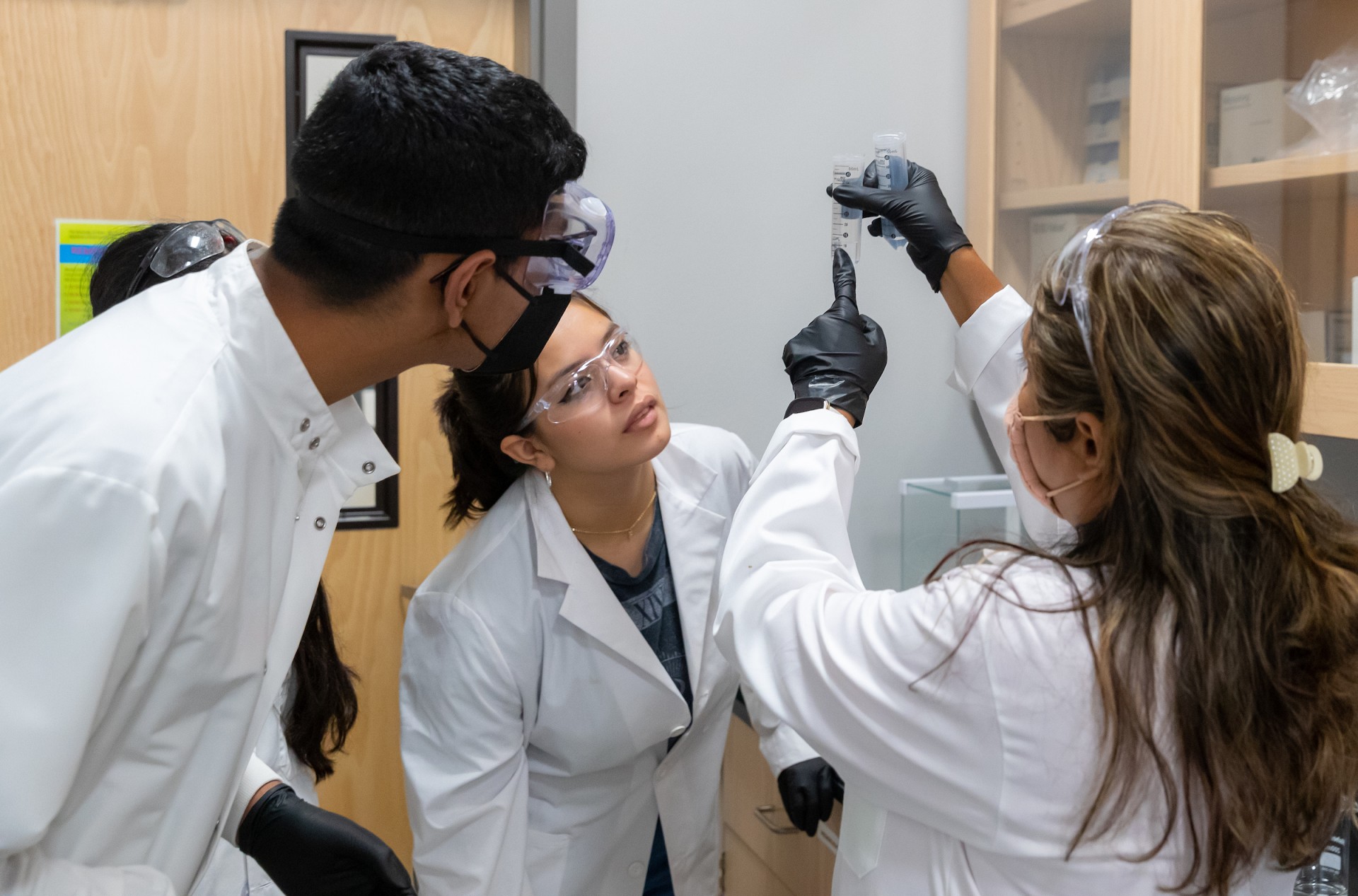 Students examining a specimen in a flask Students examining a specimen in a flask